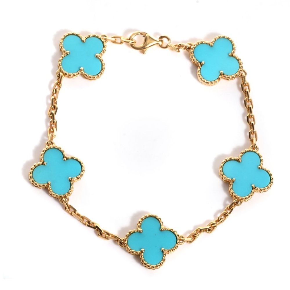 Turquoise 5 motifs Quatrefoil Clover Gold Bracelet